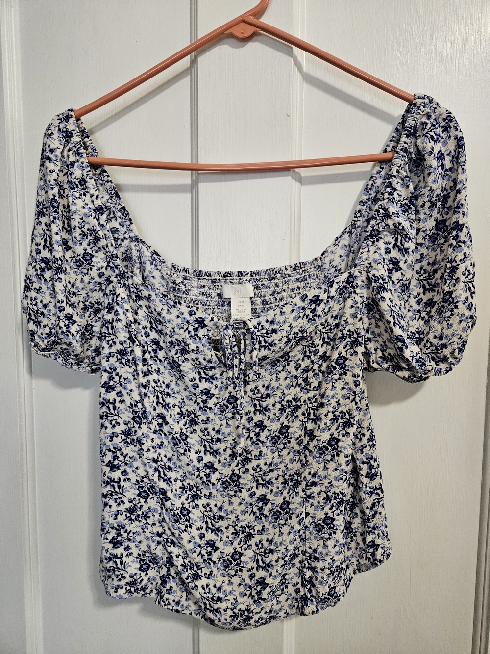 H&M White Top with Blue Floral Puff Sleeves